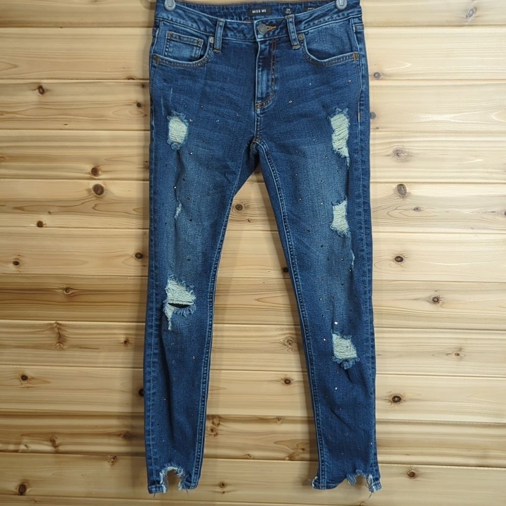 Miss Me Womens Jeans 26 Blue Ankle Skinny Distressed Tiny Gems Embellished